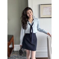 批发法式轻奢套装裙女2026春季新款飘带拼接气质长袖衬衫<b class='q'>半身裙</b>两件套