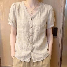 批发法式<b class='q'>通勤</b>轻薄显瘦V领棉麻小衫2026夏季新款女装气质减龄短袖上衣