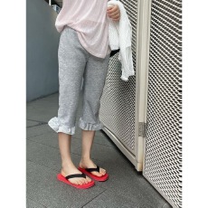 批发ins风气质休闲<b class='q'>女</b><b class='q'>装</b>松紧腰木耳边修身七分裤夏新款韩系纯色打底裤