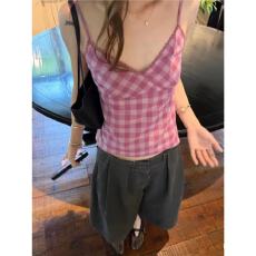 批发粉白格纹蕾丝边吊带背心<b class='q'>女</b>夏季纯欲风减龄<b class='q'>修身</b>百搭显瘦无袖上衣