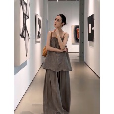 批发复古松弛感灰色吊带背心阔腿裤<b class='q'>两件</b>套<b class='q'>女</b>夏慵懒风宽松显瘦百搭套<b class='q'>装</b>