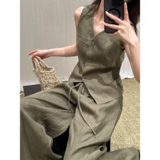 批发老钱风马甲套<b class='q'>装</b><b class='q'>女</b>2026夏季新款复古高端绿色无袖背心阔腿裤<b class='q'>两件</b>套