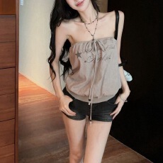 批发美式<b class='q'>百搭</b>复古吊带背心无袖女小众夏季甜辣妹抽绳系带修身显瘦上衣