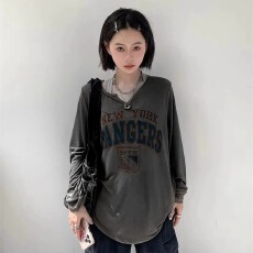 批发大码女装秋季V领字母印花<b class='q'>打底衫</b>中长款长袖T恤女