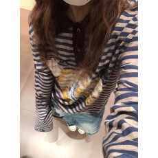 批发美式polo领条纹撞色印花长袖t恤女春季<b class='q'>新款</b>复古潮牌情侣打底上衣