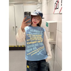 批发美式慵懒风宽松条纹拼接长袖T恤女春季2026<b class='q'>新款</b>撞色字母休闲上衣