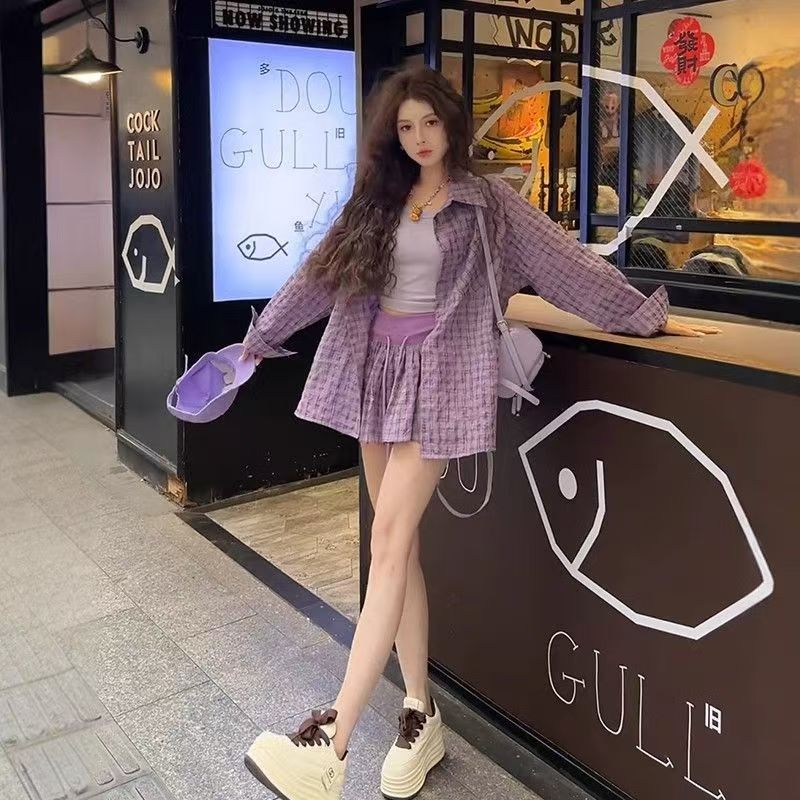 韩版时尚气质休闲紫色格纹衬衫短裙女装春夏新款小个子套装裙  服裝批發女裝批發服飾貨源
