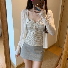 批发设计绑带条纹吊带防晒开衫两件套女<b class='q'>夏</b>季新款修身显瘦辣妹上衣外穿