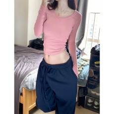 批发<b class='q'>甜美</b>粉色减龄V领内搭长袖T恤女2026春季新款小个子打底衫修身上衣