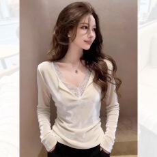 批发独特超好看蕾丝假两件长袖t恤女早<b class='q'>春</b>轻奢高级感内搭丝绒小衫上衣