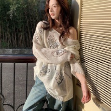 批发重工设计感爱心亮片镂空针织衫女早秋慵懒风中长款<b class='q'>宽松</b>毛衣<b class='q'>上衣</b>