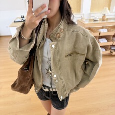 批发美式复古工装风短款机车夹克<b class='q'>外套</b>女2025秋季新款立领宽松脏脏上衣
