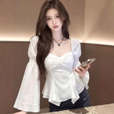 批发甜美风白色喇叭袖衬衫女2026早秋新款方领修身显瘦<b class='q'>不规则</b>下摆雪纺