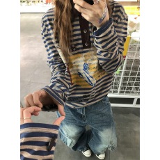 批发美式polo领条纹撞色印花长袖<b class='q'>t</b><b class='q'>恤</b>女春季新款复古<b class='q'>潮牌</b>情侣打底上衣