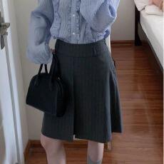 批发日系复古条纹半身裙女秋季高质感西装a字中裙<b class='q'>胖</b>mm<b class='q'>两面穿</b>百褶短裙