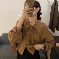 批发<b class='q'>衬衫</b>女法式别致立领宽松蝴蝶结系带<b class='q'>长袖</b>2025春秋新款休闲气质上衣
