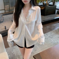 批发轻假两件蕾丝拼接西装长袖宽松衬衫上衣女秋季2024新款