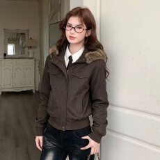 批发美式复古毛领连帽工装外套女2026春秋<b class='q'>新款</b>显瘦机车短款夹克上衣潮