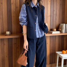 批发【两件套】气质圆领<b class='q'>小西装</b>马甲女外搭宽松马夹外套+长袖<b class='q'>格子</b>衬衫