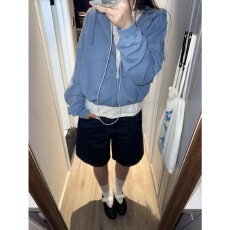 批发基础奶蓝色短款卫衣开衫连帽拉链外套女大童秋季运动休闲宽松上衣