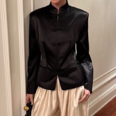 批发新中式复古黑色缎面立领盘扣修身<b class='q'>西装</b>女2026秋季老钱风设计感外套