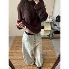 批发美式复古解构排扣设计弯刀阔腿<b class='q'>牛仔裤</b>女春秋新款宽松休闲长裤子