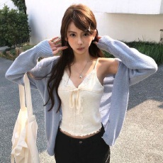 批发早秋韩女慵懒针织长袖<b class='q'>罩衫</b>别致开衫上衣女蕾丝吊带背心套装