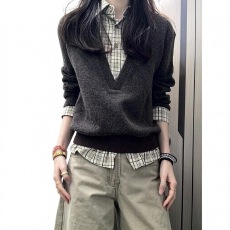 批发格纹领拼接假两件针织上衣女初秋超好看<b class='q'>宽松</b>休闲慵懒打底内搭毛衣
