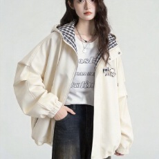 批发慵懒风甜酷花苞外套少女春秋新款初高中学生<b class='q'>格子</b>拼接工装冲锋夹克