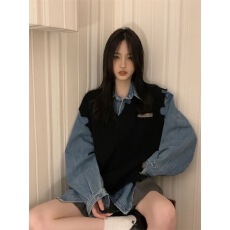 批发春秋韩版ins风<b class='q'>牛仔</b>衬衫外套女设计感V领套头针织<b class='q'>马甲</b><b class='q'>背心</b>两件套装