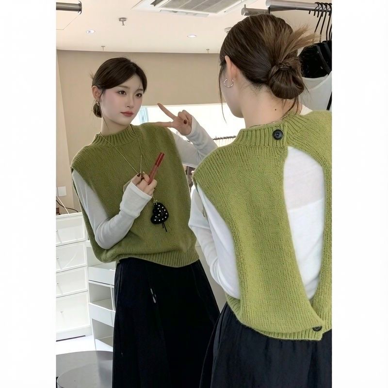 BY33494# 韩系针织马甲背心打底衫两件套女春秋新款小香风上衣套装打底衫潮  服裝批發女裝批發服飾貨源