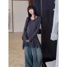 批发洋气时髦百搭设计感长袖<b class='q'>T</b><b class='q'>恤</b>女冬季蕾丝边下摆拼接中<b class='q'>长款</b>屁帘上衣