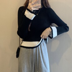 批发短款针织衫女秋季新款设计感小众显瘦网红长袖<b class='q'>T</b><b class='q'>恤</b>上衣洋气打底衫
