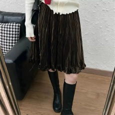 批发实体店质量 有衬裙 复古高腰褶皱半身裙女气质大摆压褶中裙墨绿色