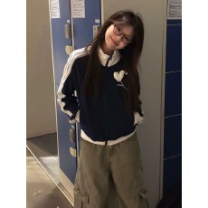 批发撞色立领华夫格外套<b class='q'>女</b>早秋2026新款短款小个子条纹宽松<b class='q'>夹克</b>上衣潮