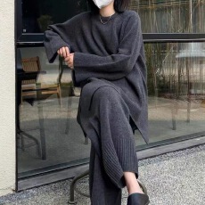 批发开叉毛衣套装女秋冬新款韩版宽松外穿慵懒风气质休闲阔腿裤两件套