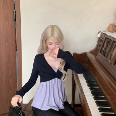 批发设计感洋气假两件别致长袖<b class='q'>T</b><b class='q'>恤</b>秋冬新款复古拼接撞色蕾丝宽松上衣