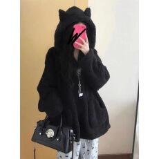 批发美式复古羊羔毛耳朵连帽卫衣女秋冬宽松慵懒风加绒加厚半拉链外套