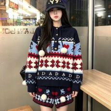 批发秋冬韩版慵懒风复古费尔岛提花针织套<b class='q'>装</b><b class='q'>女</b>毛球连帽毛衣短裤两件套