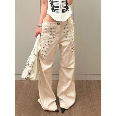 批发美式高街金属扣设计<b class='q'>牛仔裤</b>男女辣妹宽松阔腿潮牌拖地微喇长裤子