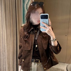 批发2026秋装新款女上衣时髦碰撞翻领收腰<b class='q'>显瘦</b>麂皮绒宽松短<b class='q'>外套</b>女秋季