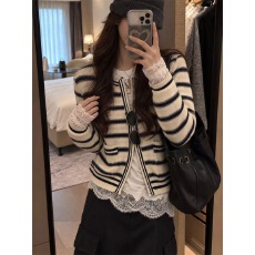 批发复古条纹针织小<b class='q'>开衫</b>女秋季圆领拉链软糯显瘦百搭长袖毛衣外套上衣