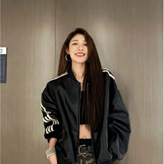 批发懒懒LanLan皮衣美式皮衣外套女秋冬条纹机车皮夹克上衣