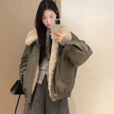 批发毛领棉服外套女秋冬季加厚保暖情侣棉衣百搭宽松大码羊羔毛绒棉袄