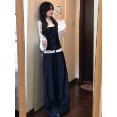 批发套装女2026秋新款韩系御姐风<b class='q'>牛仔</b>抹胸<b class='q'>背心</b>条纹长袖衬衫高腰阔腿裤