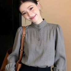 灰色立领衬衫女士新款春季高级感轻奢洋气减龄宽松显瘦泡泡袖上衣