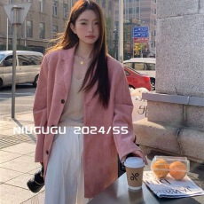 批发高级感气质豆沙粉<b class='q'>西装外套</b>女春季新款宽松休闲通勤中<b class='q'>长款</b>西服