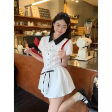 批发宋正恩白色衬衫<b class='q'>连衣裙</b>女夏季气质<b class='q'>收腰</b>显瘦小个子学院风套装短裙子