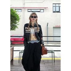 批发机车风夹克女美式拼接撞色字母短款皮衣外套早秋季甜酷风立领上衣