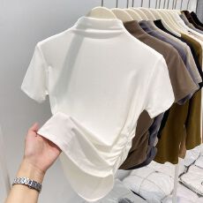 批发半高领正肩短袖t恤女设计感收腰褶皱短款上衣白色打底衫<b class='q'>夏季</b>内搭